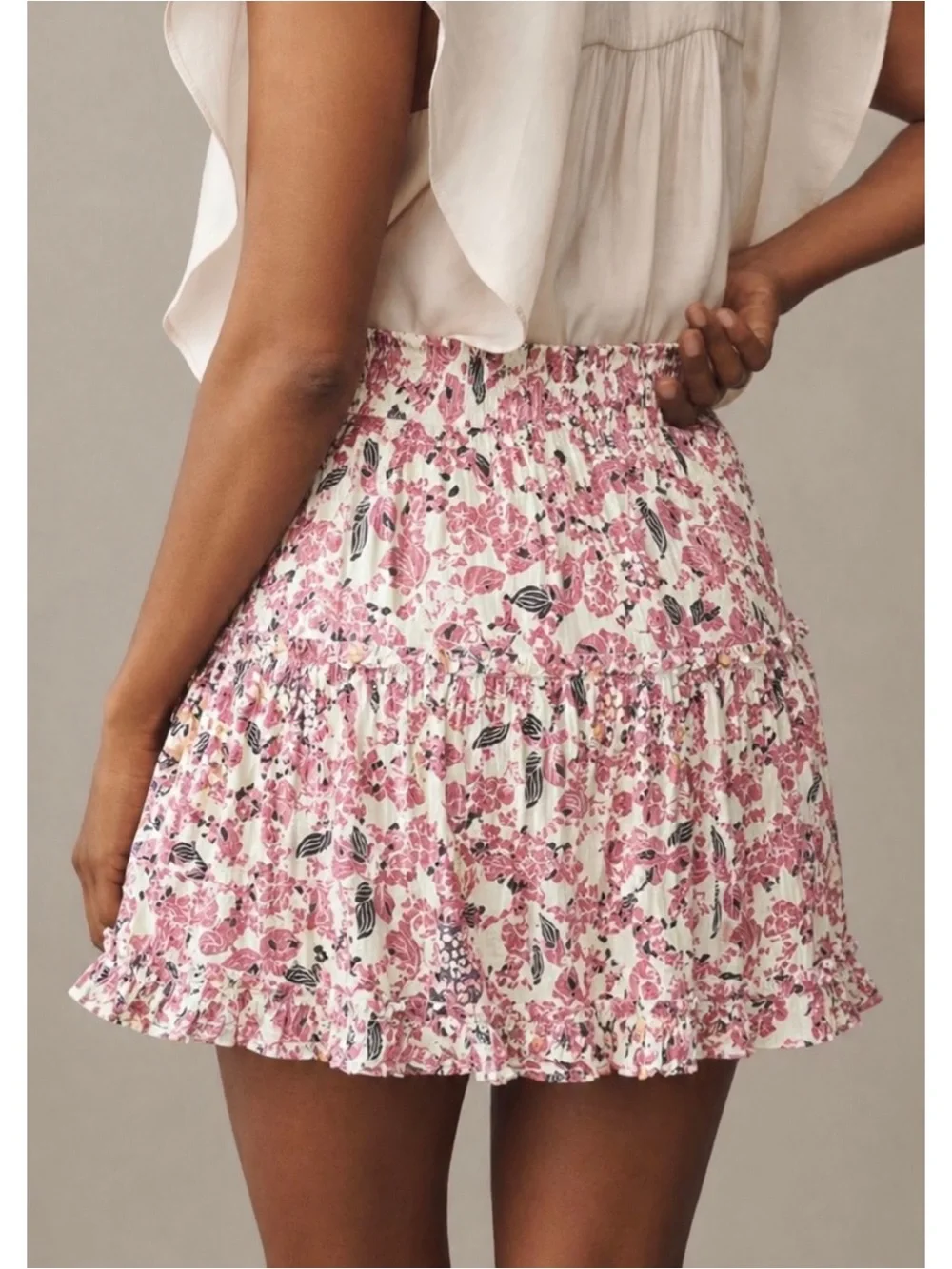 ANTHROPOLOGIE | NWT Bishop + Young Ruffle Mini Skirt in Pink Motif, Size Large